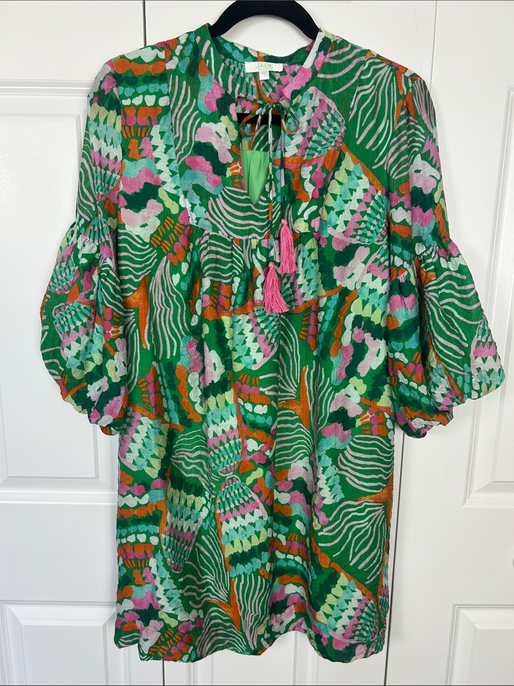 Jade Melody Tam Multi-Color Green Tunic Dress with Tassel Tie Size Small